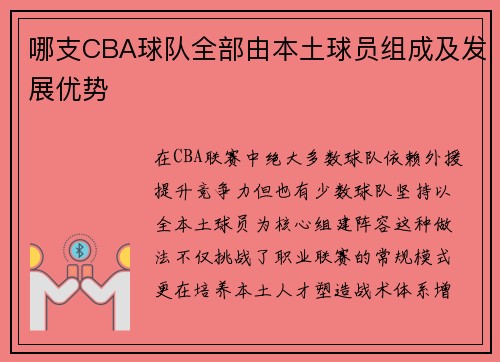 哪支CBA球队全部由本土球员组成及发展优势